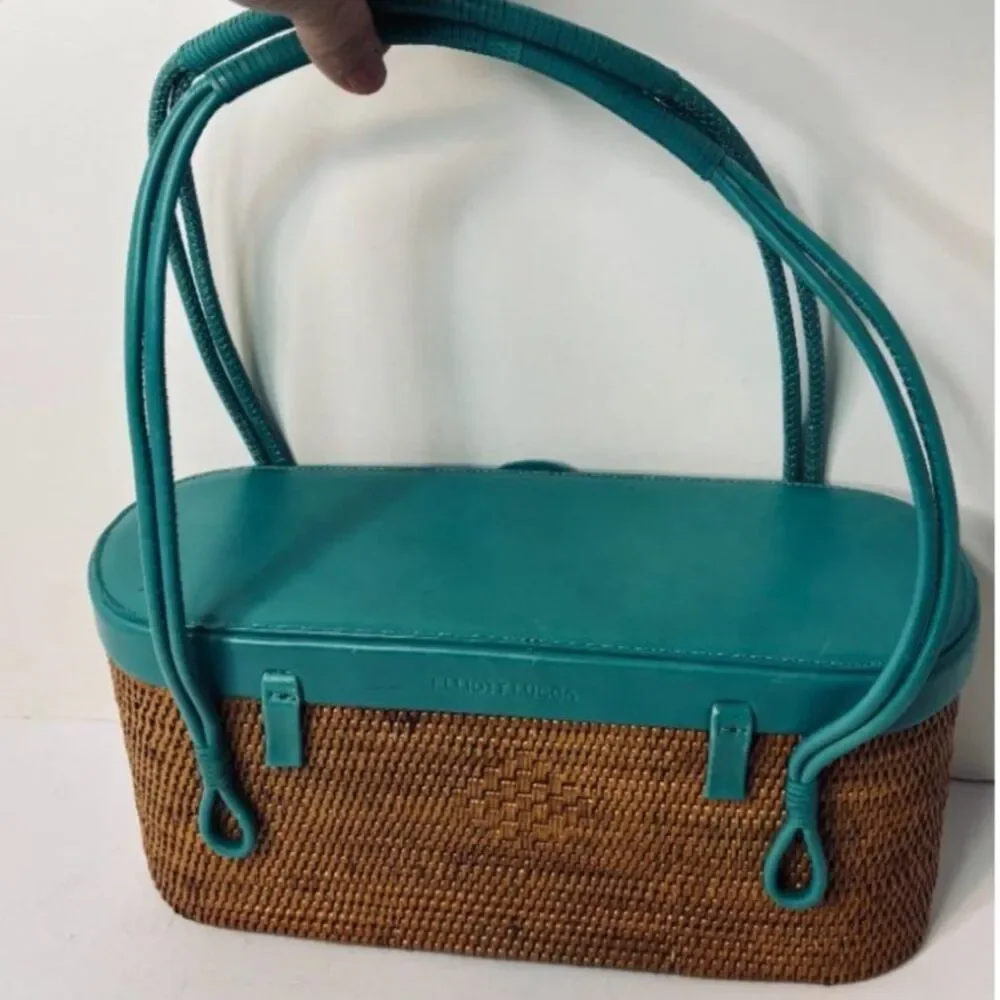 Elliot Lucca Woven Rattan Teal Leather Shoulder Bag Crossbody Handbag